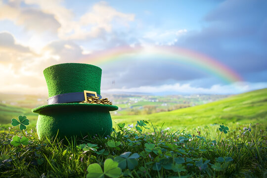St Patrick's Day green hat with gold coins and shamrocks in grass with rainbow background - Powered by Adobe