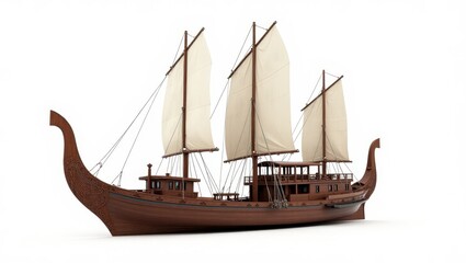 Detailed model of a wooden sailing ship.