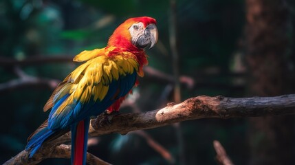 Stunningly Colorful Parrot Perched Gracefully on a Branch Amidst the Lush Green Trees of a Dense Forest