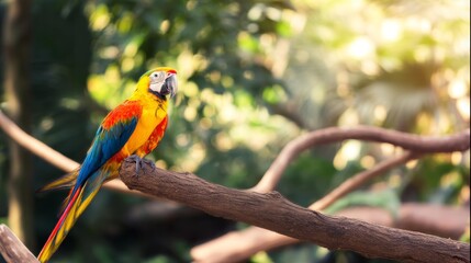 Obraz premium Vibrant and colorful bird gracefully perched on a branch surrounded by lush green forest background
