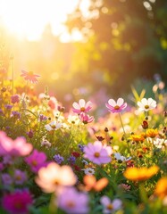 Obraz premium A vibrant field of flowers bathed in golden sunlight