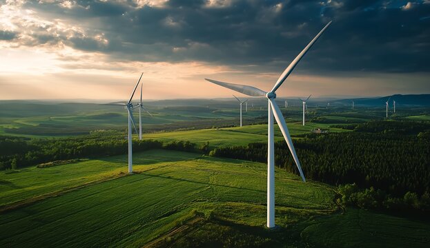 Aerial View of Wind Turbines Spinning Over Green Fields at Sunset – Clean Renewable Energy and Sustainability Concept with Copy Space - Powered by Adobe