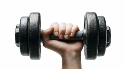 A hand confidently lifts a dark gray dumbbell isolated on transparent background