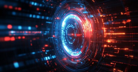Obraz premium Vibrant Digital Vortex With Glowing Blue and Red Lights Creating a High-Tech Visual Effect.