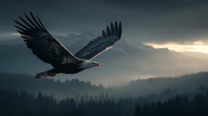 Fototapeta premium Elegant Bird Gliding Gracefully Through the Air with a Dramatic Cloudy Sky in the Background