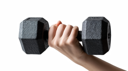 A womans hand grips a black dumbbell against a transparent background