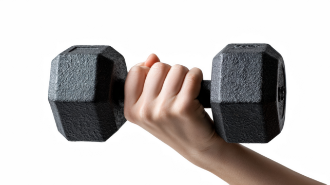 A womans hand grips a black dumbbell against a transparent background