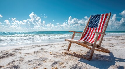 Beach Chair with American Flag Design by the Ocean Under a Bright Blue Sky and Fluffy White Clouds
