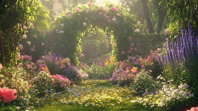 The garden path passes through a flower arch surrounded by blooming flowers and lush greenery