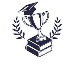 Education Achievement Concept with Graduation Cap, Trophy, and Books Vector