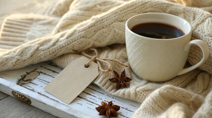 Cozy morning coffee with star anise and a blank tag