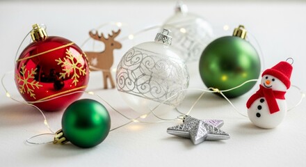 Christmas ornaments and string lights creating festive atmosphere
