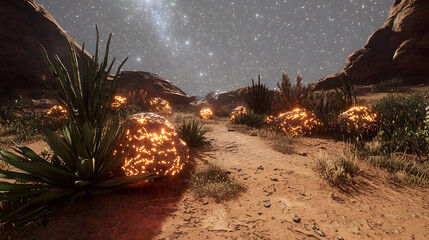 Desert landscape under a starry night sky.  Orbs of incandescent light dot a dusty path amidst desert plants