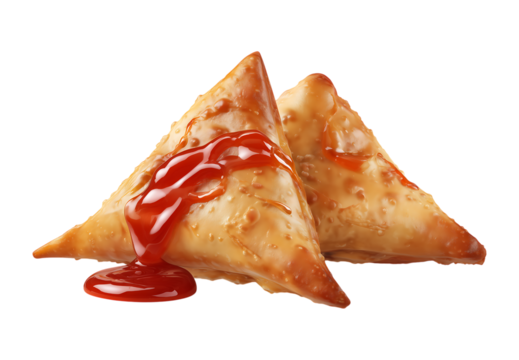 Pakistani samosa with ketchup isolated on a transparent background