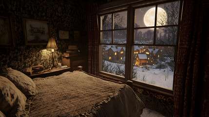 Cozy bedroom with a winter night view.  A warm room with a bed, lamp, and window overlooking a snowy village at night under a full moon
