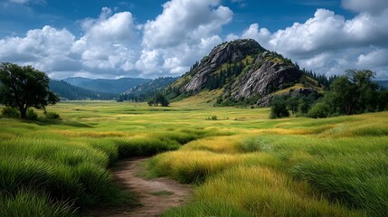 Sketch-style panorama of fertile lea with elevated grassy terrain, wide open space, and tranquil landscape vibe. 