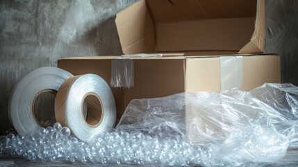 Cardboard boxes, packing tape, bubble wrap, and plastic wrap for moving or shipping.