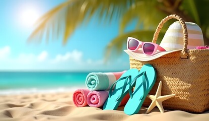 Summer Beach Essentials with Straw Hat, Sunglasses, Flip Flops, and Starfish – Tropical Vacation Concept