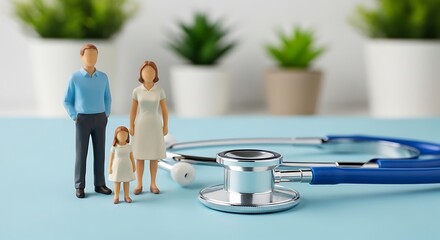 A family figurine and a stethoscope symbolizing healthcare and medical care