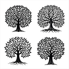 Decorative Tree Silhouette Set with Intricate Leaf and Branch Patterns
