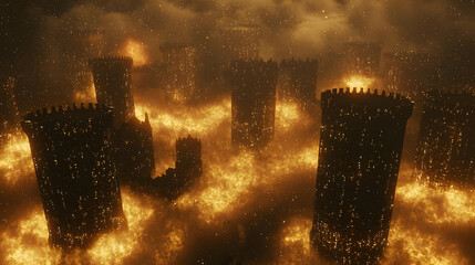 Dark, cylindrical towers, shrouded in fiery mist.  Many towers, some ablaze, in a hazy, atmospheric setting