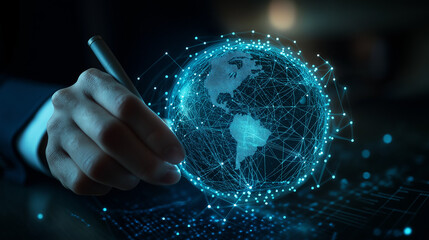 Businesses globe holographic to show ideas to export and logistic around the world by discovery, navigation, communication, logistics, geography, transport and travel to scale up business technology