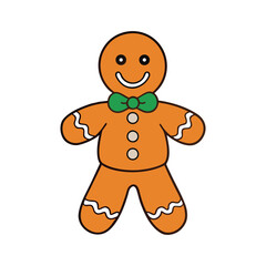 Smiling gingerbread man cartoon illustration with green bow tie and white Background
