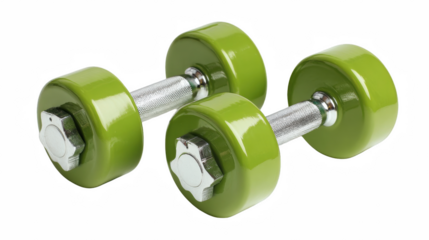 A pair of vibrant green dumbbells sits on a transparent background, ready for a fitness session