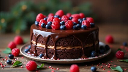 Decadent Chocolate Drip Cake with Fresh Berries &ndash; Gourmet Dessert on Rustic Wooden Table