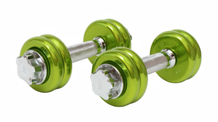 Two shiny green dumbbells with chrome accents are displayed against a stark white backdrop isolated on transparent background