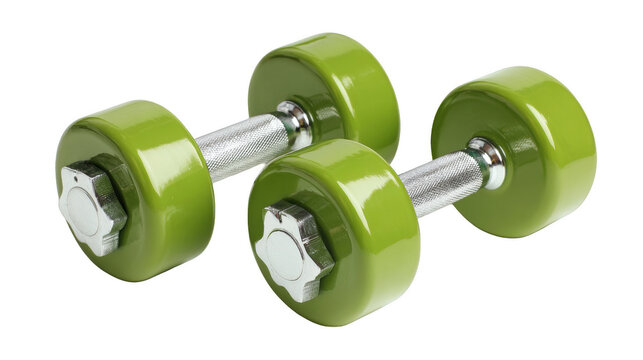 A pair of vibrant green dumbbells sits on a transparent background, ready for a fitness session