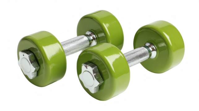 A pair of vibrant green dumbbells sits on a transparent background, ready for a fitness session