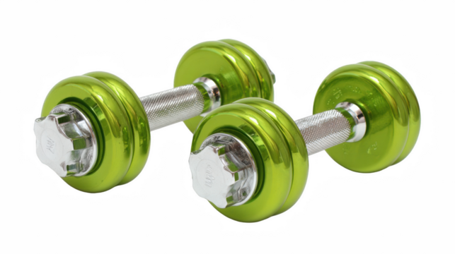Two shiny green dumbbells with chrome accents are displayed against a stark white backdrop isolated on transparent background