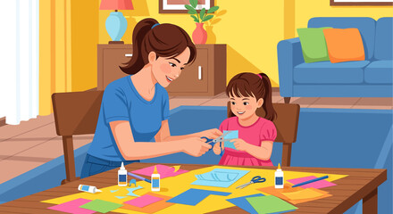 Adobe illustrator artwork vector illustration of a mother and daughter doing a creative craft activity at home, making art with colored paper, scissors, and glue in a cozy living room.