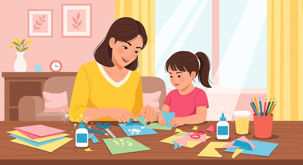 Adobe illustrator artwork vector illustration of a mother and daughter doing a creative craft activity at home, making art with colored paper, scissors, and glue in a cozy living room.
