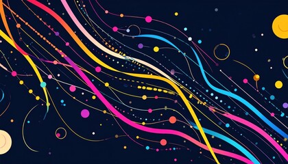 Abstract Memphis Design with Dynamic Colorful Dashed And Dotted Lines on Dark Background