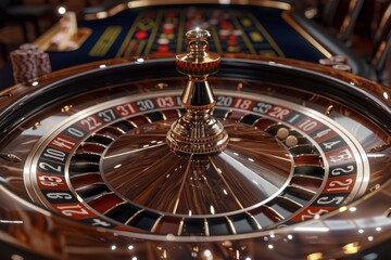 Naklejka premium Close up of a luxurious wooden roulette wheel spinning, with a blurred casino table in the background