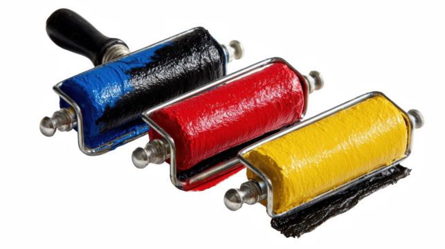 Three ink rollers in blue, red, yellow and black isolated on transparent background