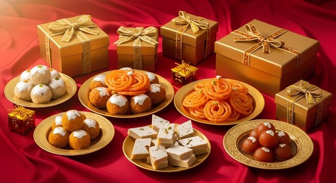 Traditional indian sweets and gifts celebrating diwali festival on red silk tablecloth
