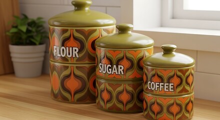 A charming trio of retro kitchen canisters in earthy 70s tones (Flour, Sugar, Coffee) sits on a warm wooden countertop, bringing a funky kitchen vibe to any home.