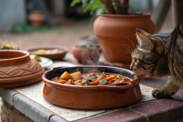 A curious cat investigates a delicious bowl of traditional Georgian stew, ready to enjoy the meal outdoors.