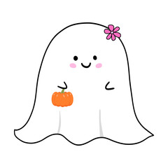 Halloween spooky ghost clipart.Hand drawn little cute monster with pink flower and pumpkin.Adorable boo halloween icon.