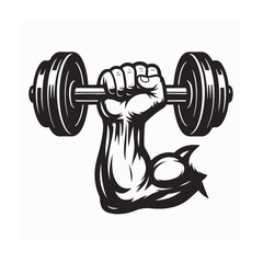 Black and white vector illustration of a strong hand holding a barbell, symbolizing power, fitness, and bodybuilding.
