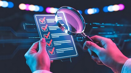 Task assessment shows a checklist with a magnifying glass held by hands, emphasizing completion and quality control
