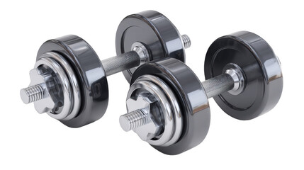 Fototapeta premium A pair of black dumbbells with silver accents sits on a transparent background
