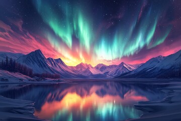 Majestic Northern Lights Illuminate Mountains and Lake at Dusk.