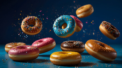Colorful Assorted Donuts Flying with Sprinkles on Blue Background