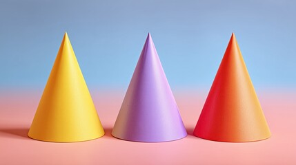 Three colorful party hats neatly aligned on a pastel background. 