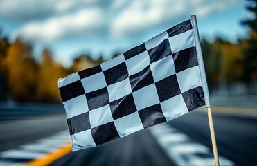 Checkered Flag Signaling the End of the Race on an Autumn Day at the Racetrack.
