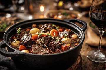 Rustic Burgundy bœuf bourguignon stew with red wine sauce, farmhouse style